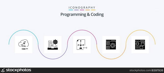 Programming And Coding Glyph 5 Icon Pack Including develop. app. development. file. development