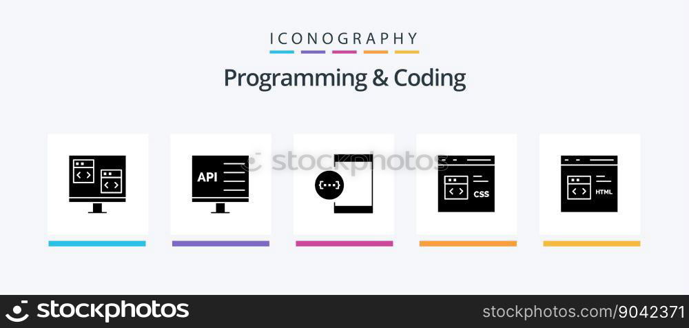 Programming And Coding Glyph 5 Icon Pack Including develop. code. development. development. css. Creative Icons Design