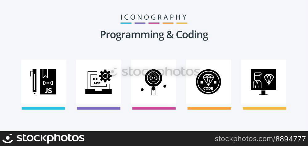 Programming And Coding Glyph 5 Icon Pack Including develop. code. development. search. development. Creative Icons Design