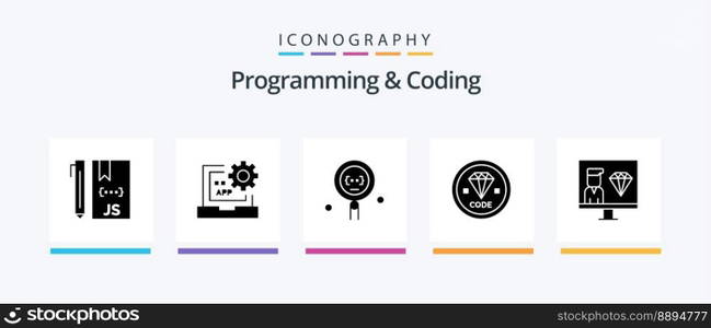 Programming And Coding Glyph 5 Icon Pack Including develop. code. development. search. development. Creative Icons Design