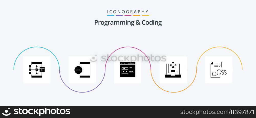 Programming And Coding Glyph 5 Icon Pack Including development. coding. development. html. develop