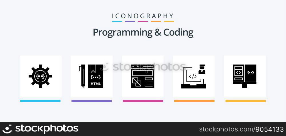 Programming And Coding Glyph 5 Icon Pack Including development. coding. development. webpage. development. Creative Icons Design