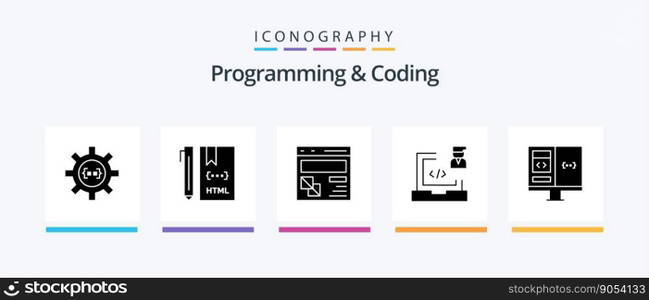 Programming And Coding Glyph 5 Icon Pack Including development. coding. development. webpage. development. Creative Icons Design