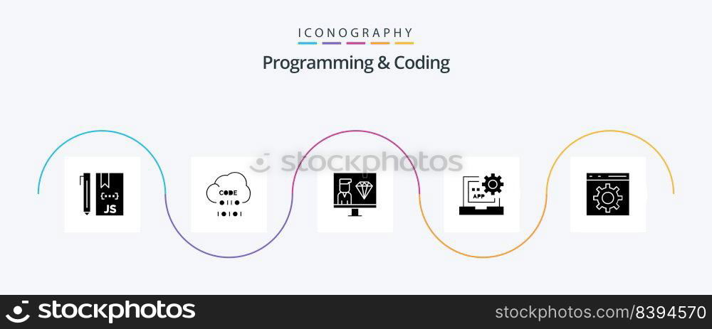 Programming And Coding Glyph 5 Icon Pack Including development. coding. programmer. programming. develop