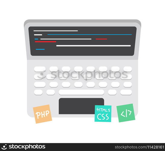 Programming and coding icon, website development on laptop screen.. Programming and coding icon, website development on laptop screen