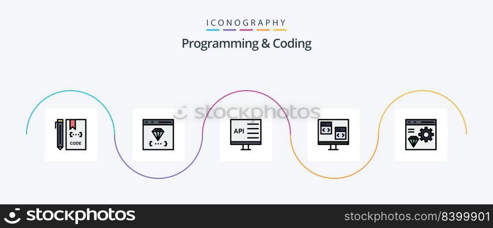 Programming And Coding Line Filled Flat 5 Icon Pack Including coding. app. develop. development. computer