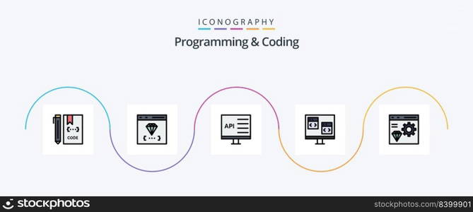 Programming And Coding Line Filled Flat 5 Icon Pack Including coding. app. develop. development. computer