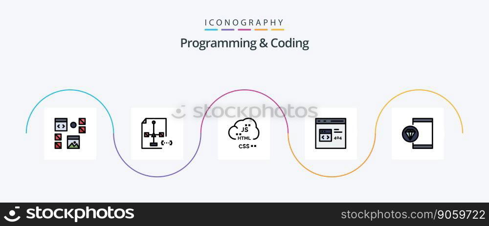 Programming And Coding Line Filled Flat 5 Icon Pack Including coding. app. document. development. coding