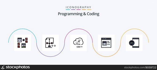 Programming And Coding Line Filled Flat 5 Icon Pack Including coding. app. document. development. coding