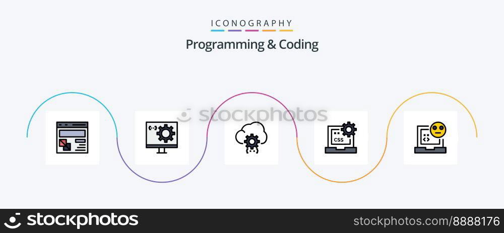 Programming And Coding Line Filled Flat 5 Icon Pack Including css. code. development. process. develop