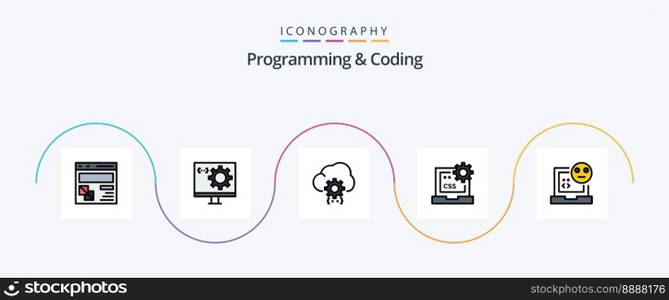 Programming And Coding Line Filled Flat 5 Icon Pack Including css. code. development. process. develop