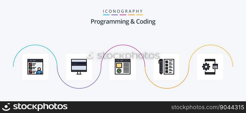 Programming And Coding Line Filled Flat 5 Icon Pack Including develop. business. development. page. develop