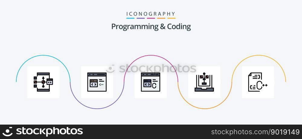 Programming And Coding Line Filled Flat 5 Icon Pack Including develop. c. develop. planning. development