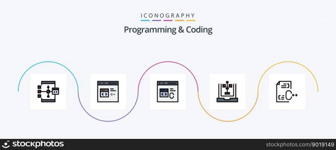Programming And Coding Line Filled Flat 5 Icon Pack Including develop. c. develop. planning. development