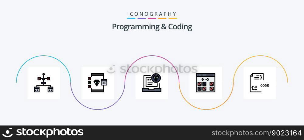 Programming And Coding Line Filled Flat 5 Icon Pack Including develop. code. coding. interface. develop