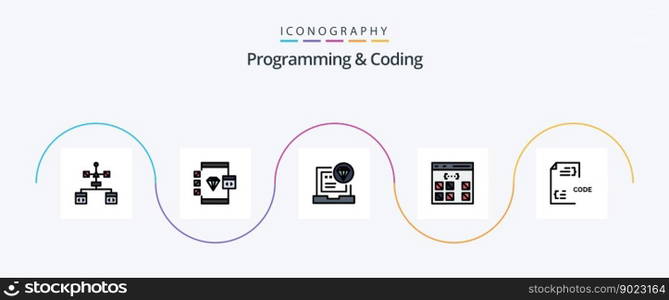 Programming And Coding Line Filled Flat 5 Icon Pack Including develop. code. coding. interface. develop