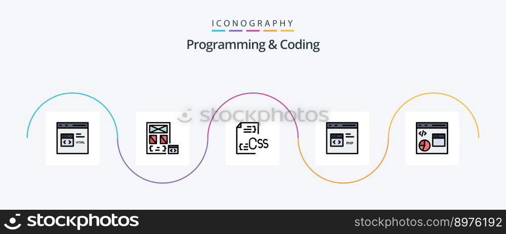 Programming And Coding Line Filled Flat 5 Icon Pack Including develop. code. development. file. develop