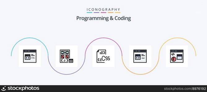 Programming And Coding Line Filled Flat 5 Icon Pack Including develop. code. development. file. develop