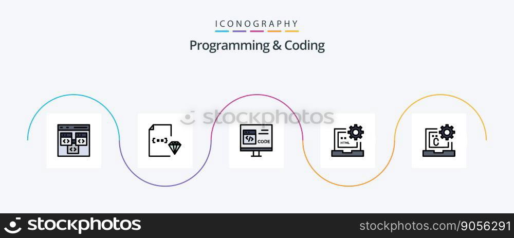 Programming And Coding Line Filled Flat 5 Icon Pack Including develop. code. document. development. coding