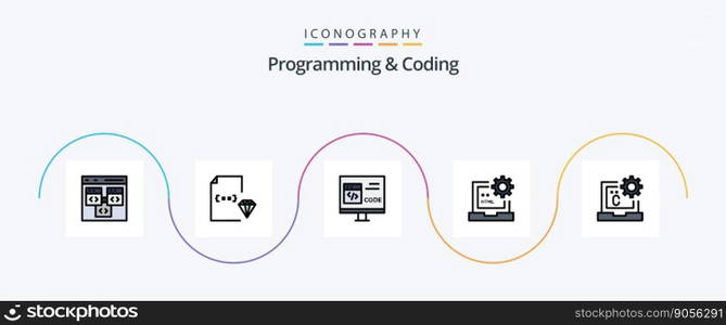 Programming And Coding Line Filled Flat 5 Icon Pack Including develop. code. document. development. coding