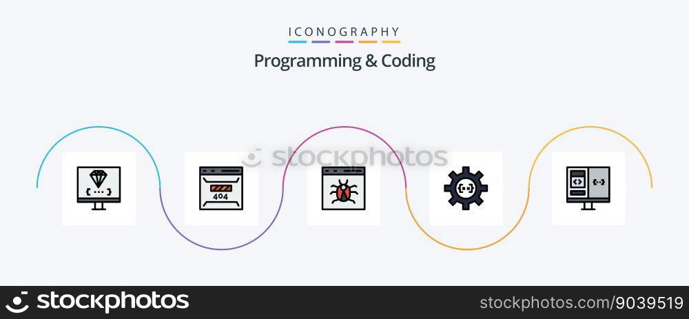 Programming And Coding Line Filled Flat 5 Icon Pack Including develop. coding. page. development. bug
