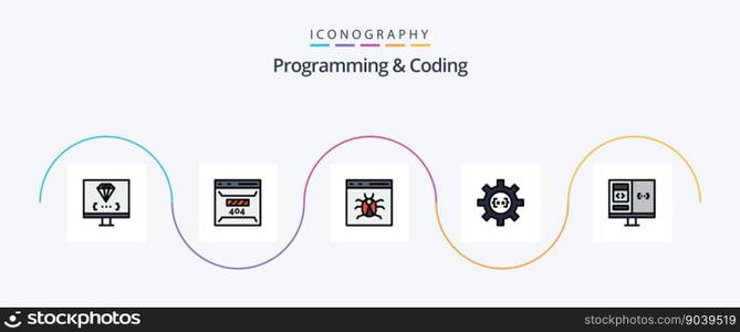 Programming And Coding Line Filled Flat 5 Icon Pack Including develop. coding. page. development. bug