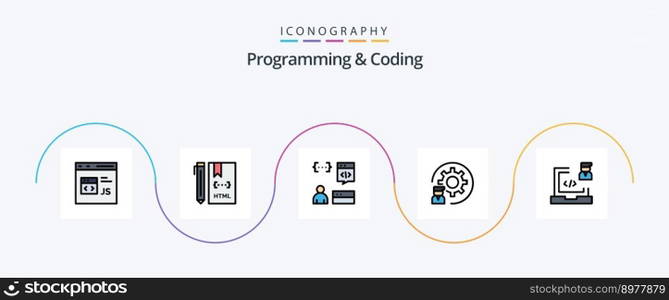 Programming And Coding Line Filled Flat 5 Icon Pack Including development. coding. development. programmer. develop