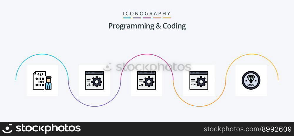 Programming And Coding Line Filled Flat 5 Icon Pack Including . development. programming. develop