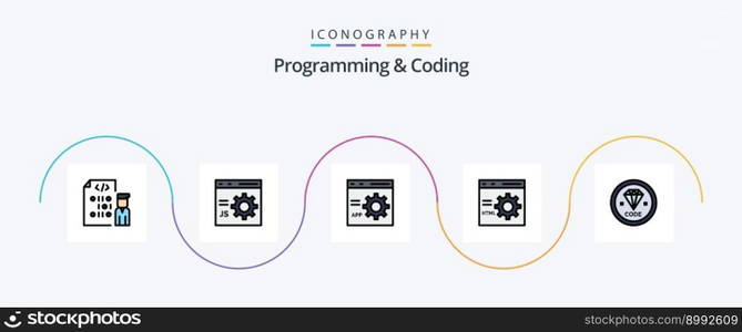 Programming And Coding Line Filled Flat 5 Icon Pack Including . development. programming. develop