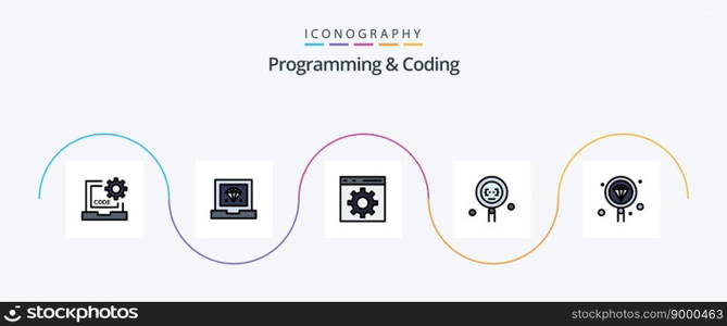 Programming And Coding Line Filled Flat 5 Icon Pack Including . programming. search. development