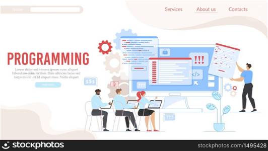 Programming and Coding Service Flat Landing Page. Cartoon People Office Workers Programmers Group Working on Laptop Developing Computer Languages. Technology and Network. Vector Illustration. Programming and Coding Service Flat Landing Page