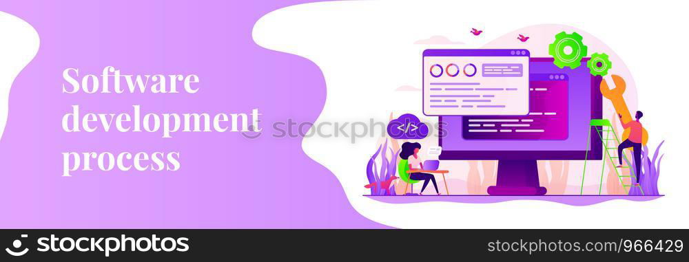 Programming and coding, website, webpage optimization. Back end development, software development process, backend app developer concept. Header or footer banner template with copy space.. Back end development web banner concept