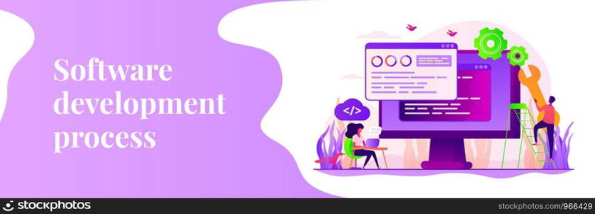 Programming and coding, website, webpage optimization. Back end development, software development process, backend app developer concept. Header or footer banner template with copy space.. Back end development web banner concept