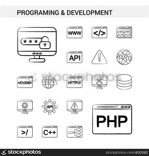 Programming and Developement hand drawn Icon set style, isolated on white background. - Vector