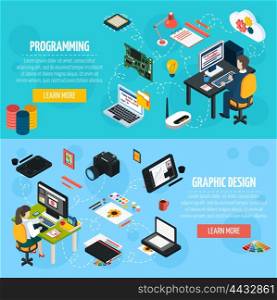 Programming And Graphic Design Isometric Banners. Programming and graphic design banners set with programmer and designer at workplace isometric compositions and collection of tools and equipment for professional work flat vector illustration.