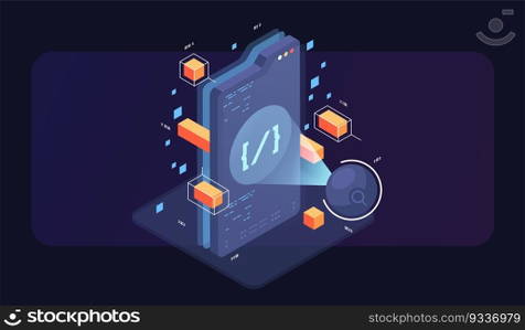 Programming and software development isometric illustration. Artificial intelligence automated process big data processing. Abstract coding development process.