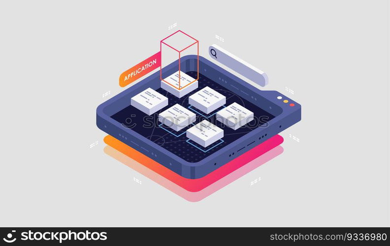 Programming and software development isometric illustration. Artificial intelligence automated process big data processing. Abstract coding development process.