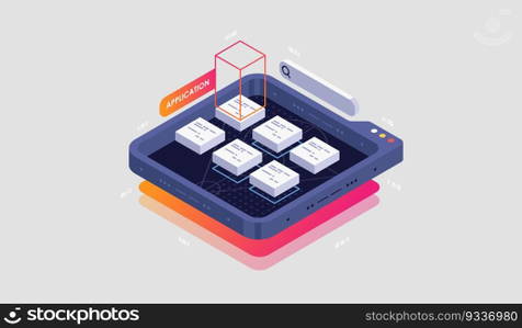 Programming and software development isometric illustration. Artificial intelligence automated process big data processing. Abstract coding development process.