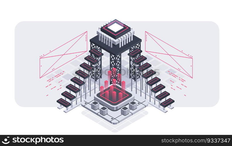 Programming and software development isometric illustration. Artificial intelligence automated process big data processing. Abstract coding development process.