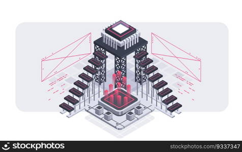 Programming and software development isometric illustration. Artificial intelligence automated process big data processing. Abstract coding development process.
