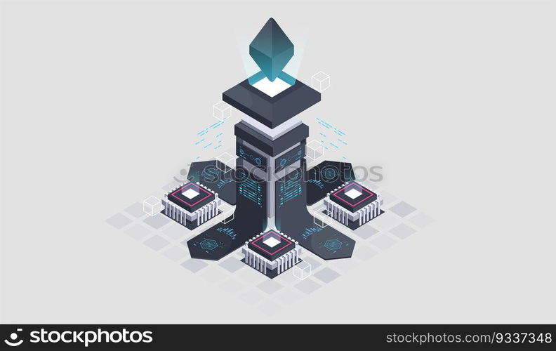 Programming and software development isometric illustration. Artificial intelligence automated process big data processing. Abstract coding development process.