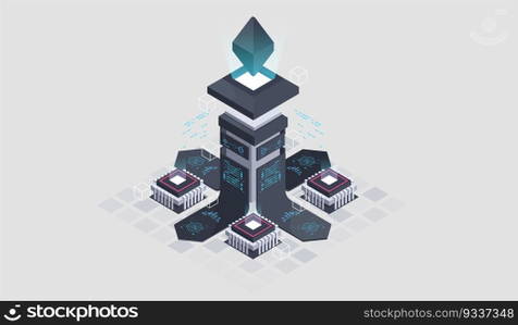 Programming and software development isometric illustration. Artificial intelligence automated process big data processing. Abstract coding development process.