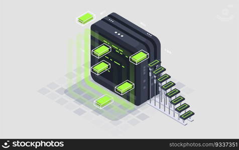 Programming and software development isometric illustration. Artificial intelligence automated process big data processing. Abstract coding development process.