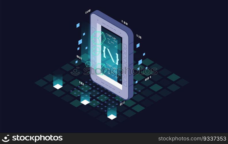 Programming and software development isometric illustration. Artificial intelligence automated process big data processing. Abstract coding development process.