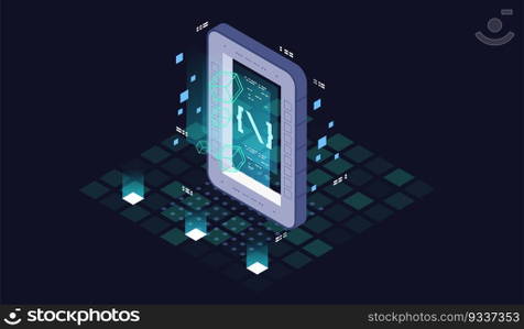 Programming and software development isometric illustration. Artificial intelligence automated process big data processing. Abstract coding development process.