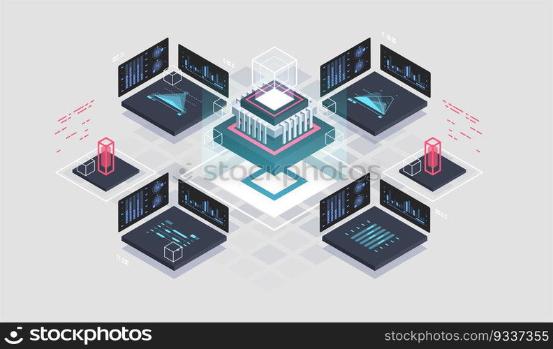 Programming and software development isometric illustration. Artificial intelligence automated process big data processing. Abstract coding development process.