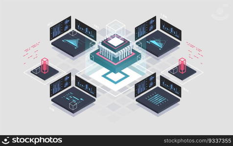 Programming and software development isometric illustration. Artificial intelligence automated process big data processing. Abstract coding development process.