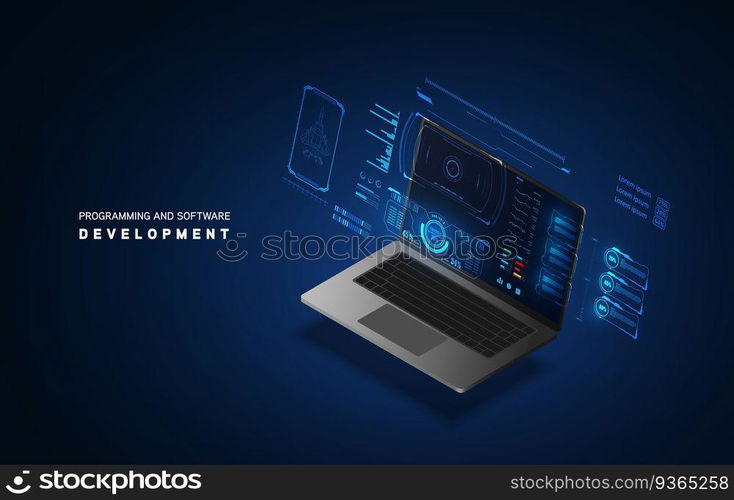 Programming and software development web page banner, program code on screen device. Software development coding process concept.