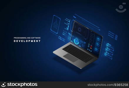 Programming and software development web page banner, program code on screen device. Software development coding process concept.