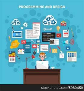 Programming and web design concept with programmer figure and website development symbols vector illustration. Programming Concept Illustration